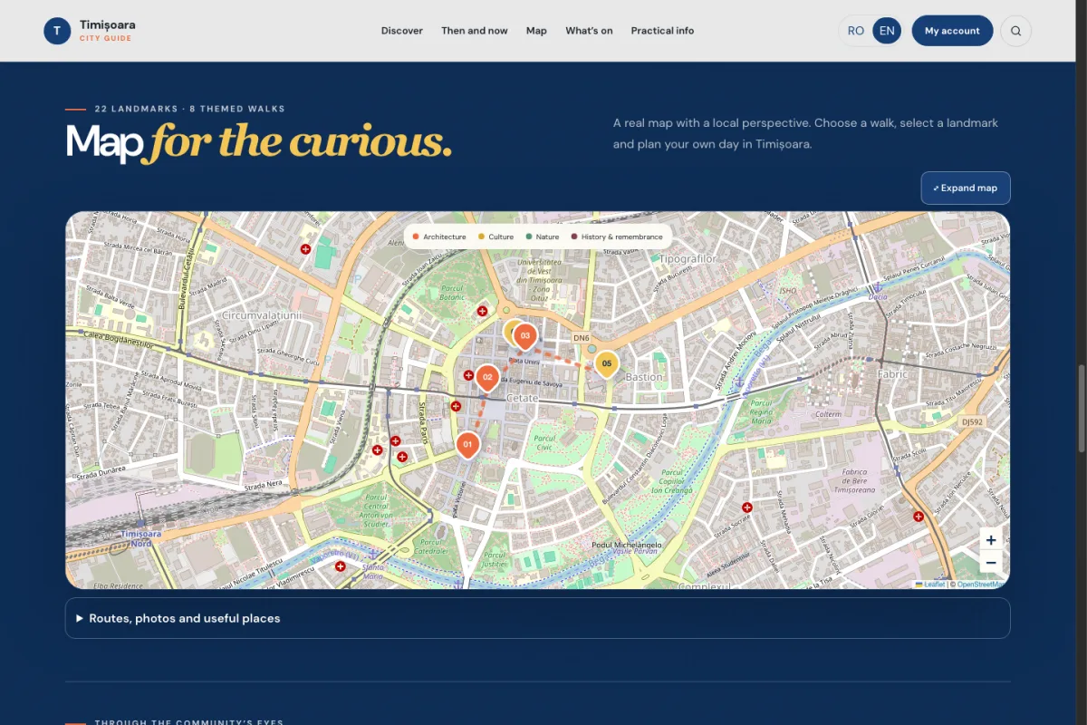 Interactive map of Timișoara with landmarks and themed routes