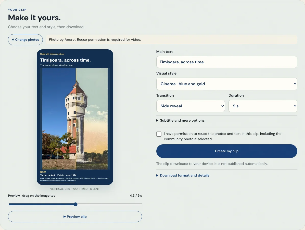 Real product screen: vertical preview, text, style, transition and duration controls.