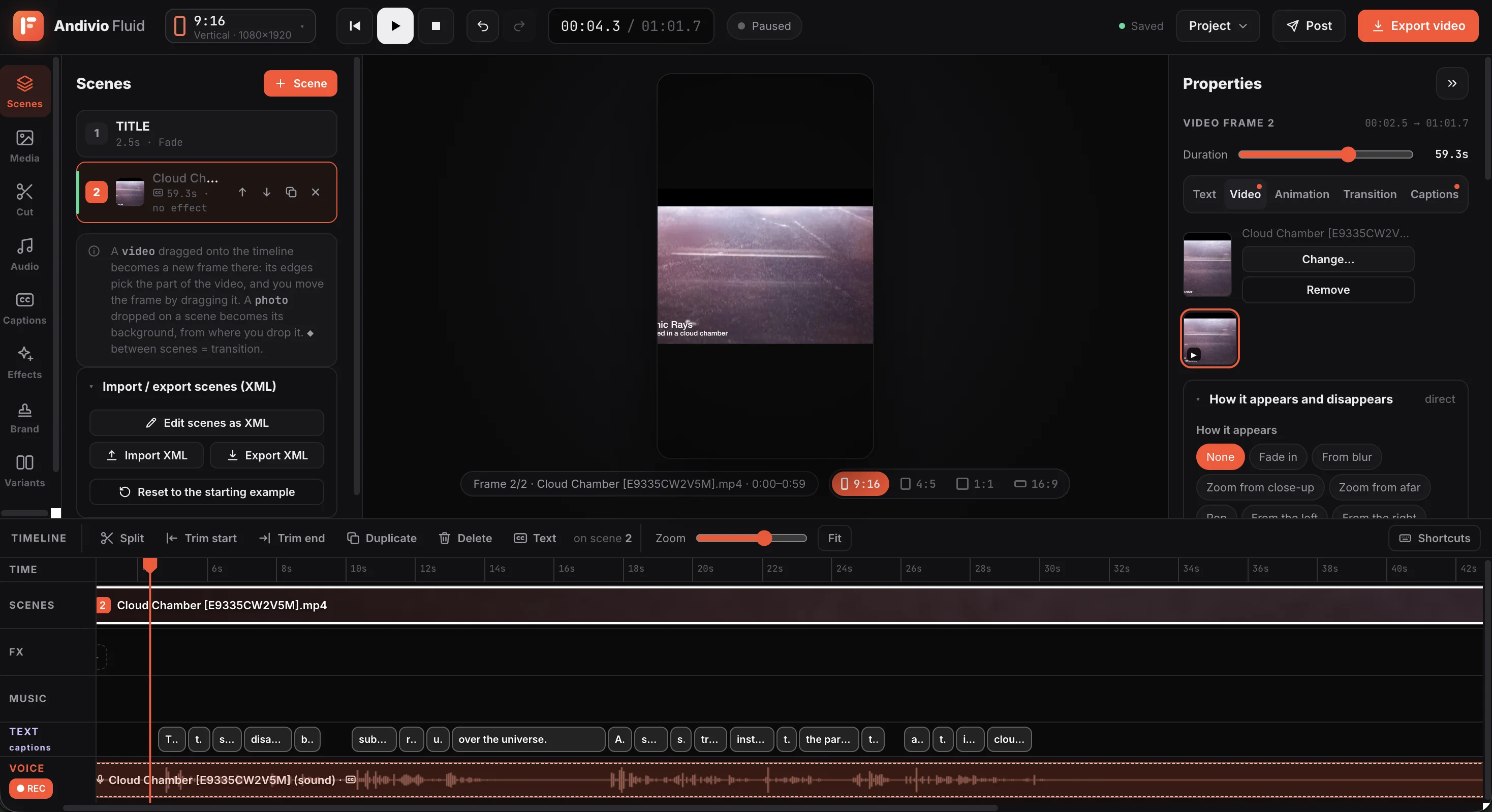 Editorul Andivio Fluid cu scene, previzualizare video, proprietăți și timeline pentru subtitrări și voce
