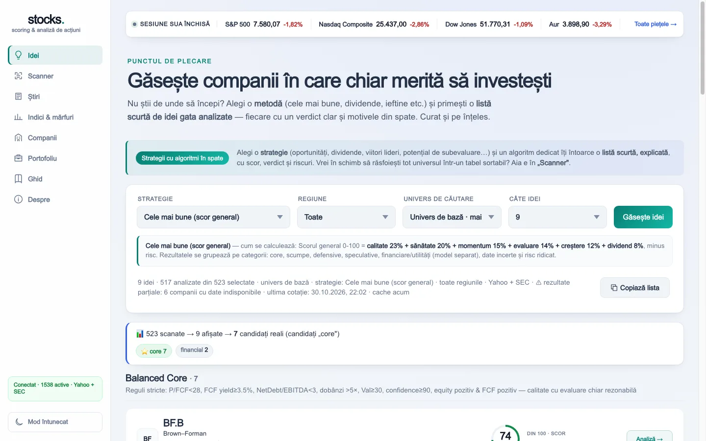 Captură din aplicația Stocks cu filtrele de strategie și analiza companiilor
