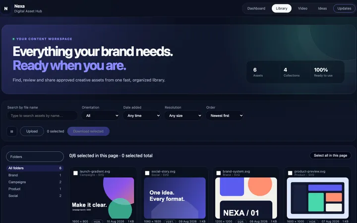 The Nexa asset library: brand files in collections, with filters and bulk download