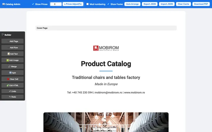 The catalogue builder: page structure on the left, generated cover page on the right