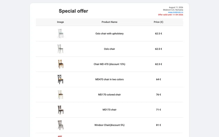 A generated price offer: product rows with images and prices, ready to export